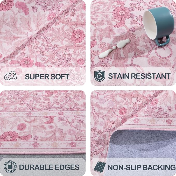 Vintage Pink Living Room Rug, 5x7 Washable Area Rugs - Image 6