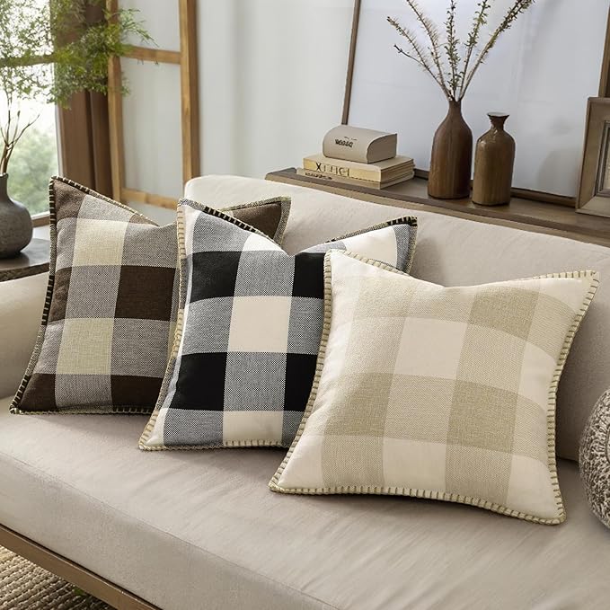decorUhome Buffalo Plaid Check Throw Pillow Covers 16x16 Set of 2, Outdoor Decorative Farmhouse Neutral Pillow Covers with Stitched Edge for Bed Couch Sofa, Brown and Beige