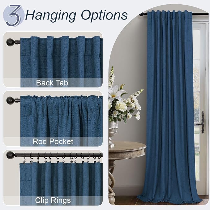 Navy Blue Curtains 108 Inches Long 2 Panel Faux Linen Nautical Modern Farmhouse - Image 6