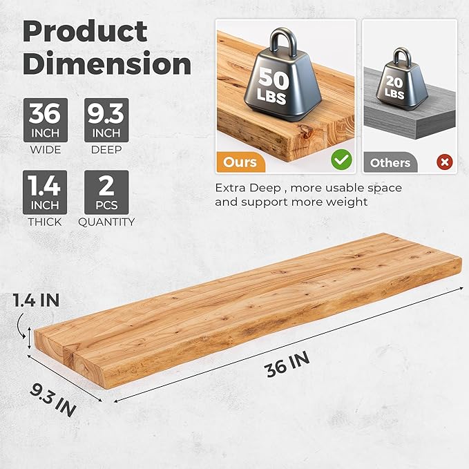 RICHFOCUS Live Edge Elm Floating Shelves - 36" W x 9.3" D Rustic Solid Wood Wall Shelves with Invisible Bracket, Wall-Mounted for Living Room, Bedroom, Kitchen Storage & Display, Set of 2, Natural