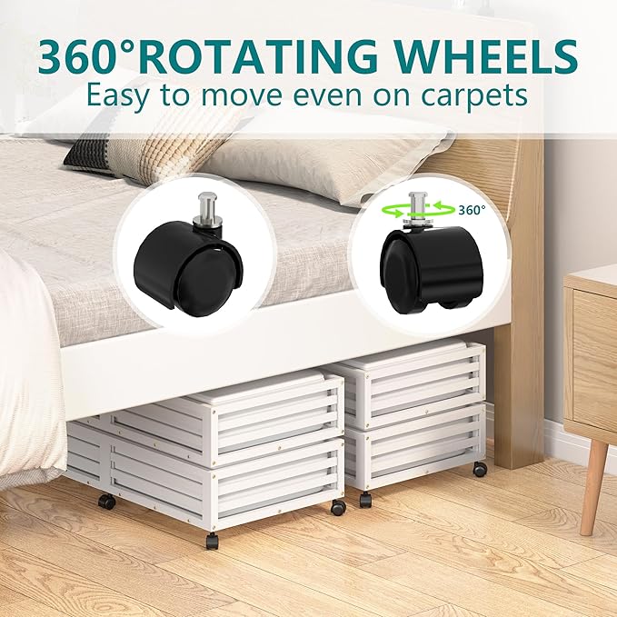 Bamboo Under Bed Storage Containers- Underbed Organizer with Wheels with Large Dust Bag,Sturdy Wood Rolling Under the Bed Shoe Storage Organizer Drawer 2 Packs (White, Long)