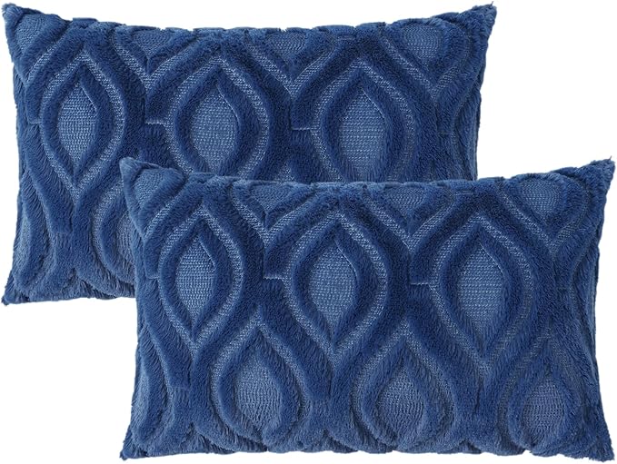 decorUhome Fall Throw Pillow Covers 12x20 Inch Set of 2, Soft Plush Decorative Faux Fur Dark Blue Solid Couch Pillow Covers, Accent Farmhouse Neutral Lumbar Euro Pillow Cases for Sofa Bed Living Room
