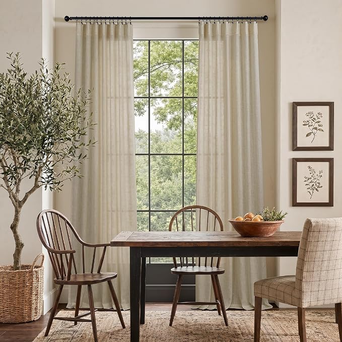 Modern Farmhouse Linen Curtains 80 Inches Long 2 Panel Set Taupe Semi Sheer - Image 2