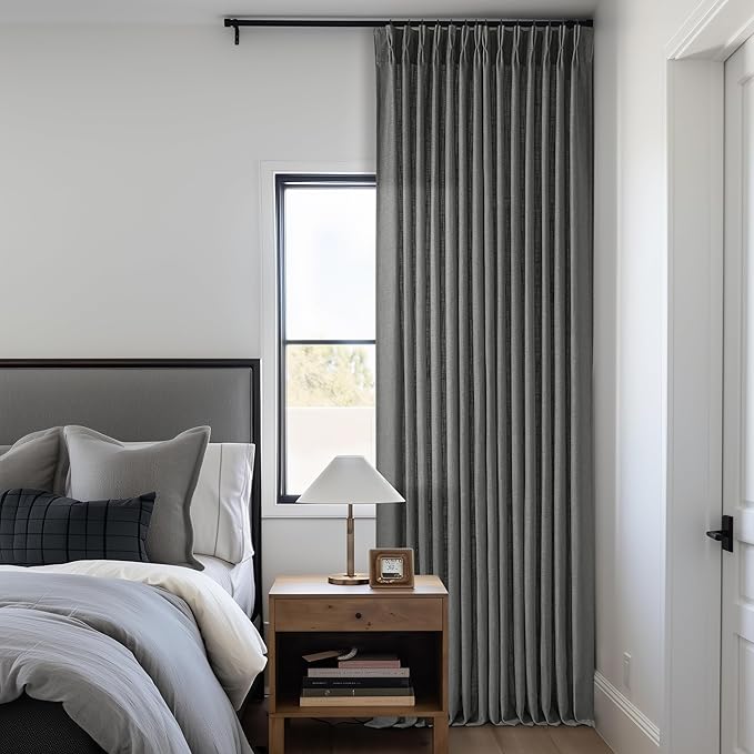 Charcoal Gray Linen Pinch Pleat Semi Sheer 120 Inch Curtains 2 Panels Set | - Image 8
