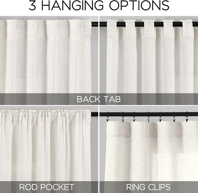 Beige White Linen Curtains 102 Inches Long Rod Pocket Back Tab Drapes 2 Panels - Image 2