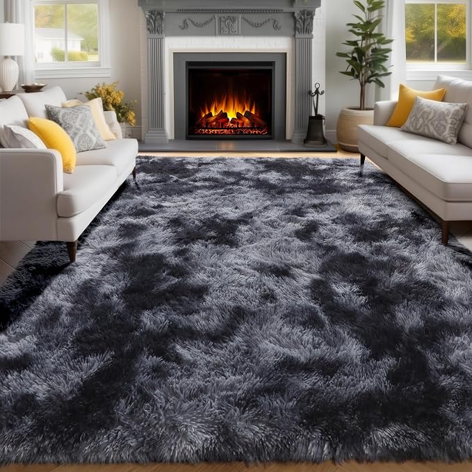 Abstract Fluffy Shaggy Rugs for Living Room Kids Room 5x8 Ft, Tie-Dyed Grey | - Image 3