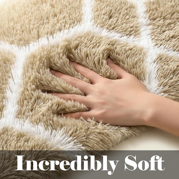Area Rugs for Living Room, 5x8 Fluffy Beige and White Bedroom Geometric Rug | - Image 2
