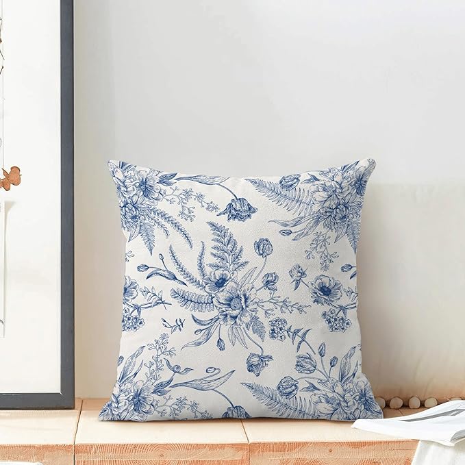 CXMEIFLY Spring Floral Leaves Pillow Covers 18 x 18 Inch Set of 2 for Chinoiserie Flowers Decor Throw Pillows Blue and White Seasonal Plant Outdoor Decorative Cushion Cases for Couch Bed Decorations