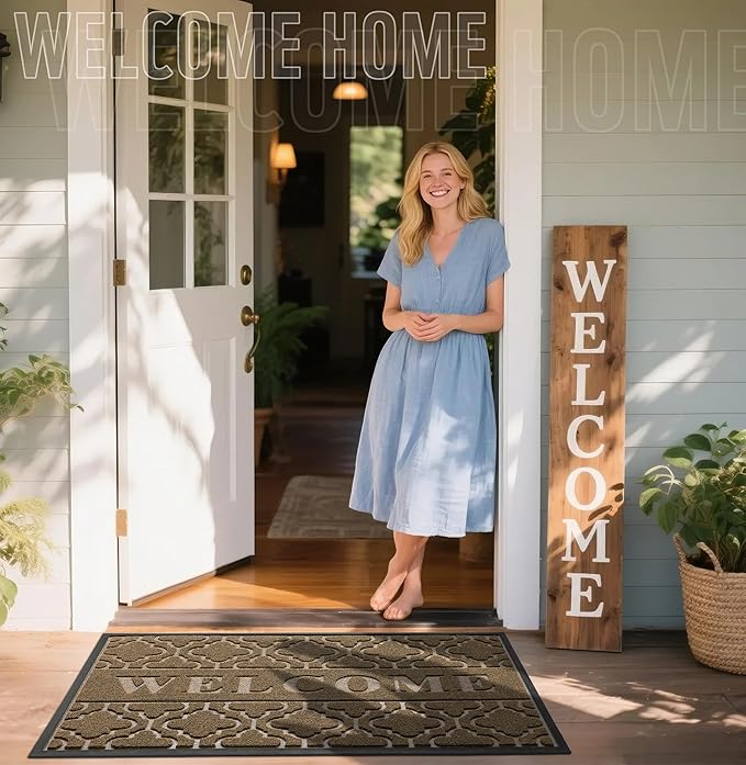 Yimobra Welcome Mat Outdoor Indoor, All-Season Waterproof Front Door Mat Outside Entrance, All-Weather Heavy Duty Non-Slip Doormat, Low Profile Porch Patio Entrance Mats, 47x32, Coffee