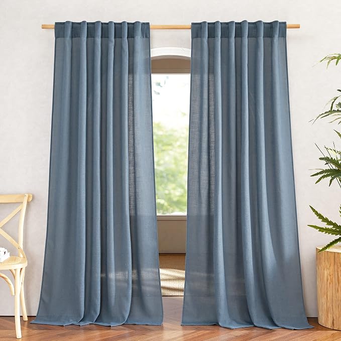 NICETOWN Stone Blue Linen Curtains 108 inches Long, Rod Pocket & Back Tab Flax by NICETOWN