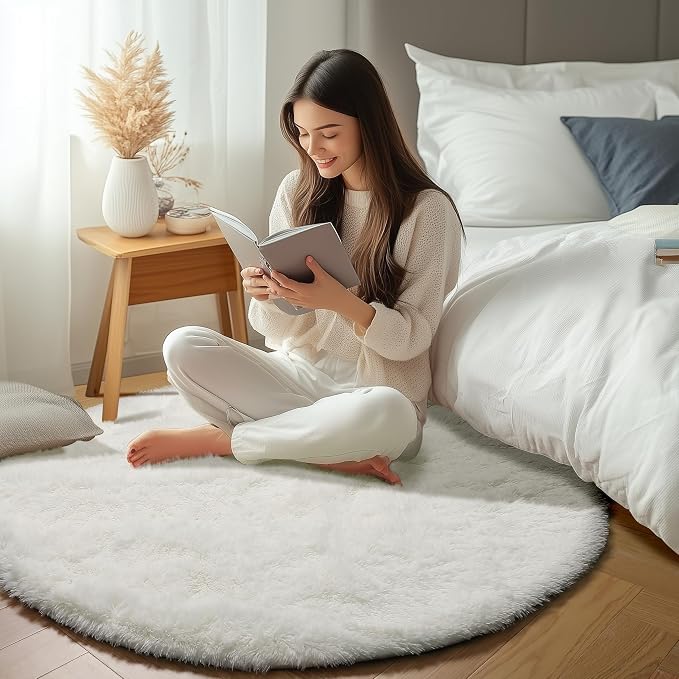 Cream White Round Rugs 7ft for Living Room, Ivory Fluffy Bedroom Circle Area Rug - Image 7