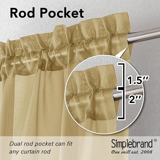 Simplebrand Gold Sheer Curtains 90 Inches Long 2 Panels, Light Filtering Rod - Image 4