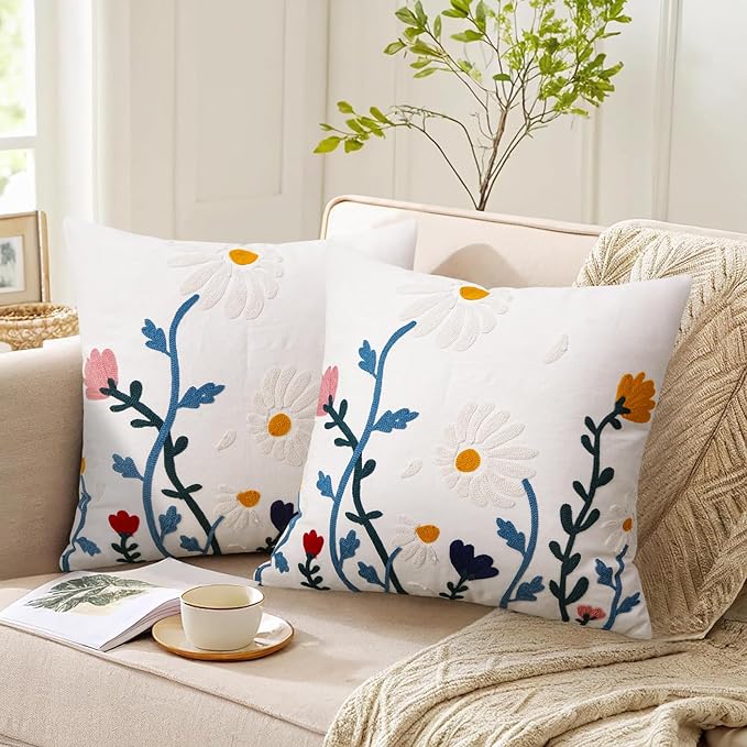 Merrycolor Embroidered Pillow Covers 18x18 Flower Pattern Decorative Throw Pillow Covers Comfortable Cotton Canvas Square Cushion Cases for Sofa Bed Living Room Decor