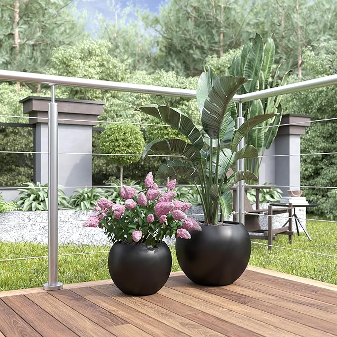 DTY Signature Mount Sherman Lightweight Durable Modern Fiberstone Sphere Planter for Indoor & Outdoor Drainage Hole & Rubber Plug Weather Resistant, 13.5" H x 17" Dia, 12" Opening- Medium, Black