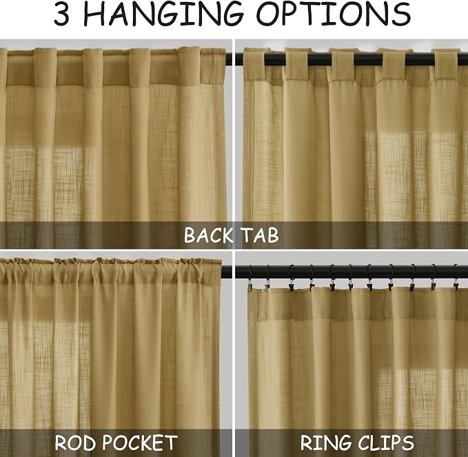 Nanspring Gold Linen Curtains 102 Inches Long Rod Pocket Back Tab Drapes 2 - Image 2