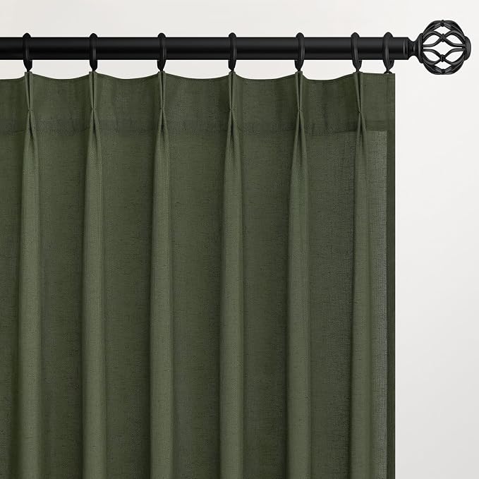 Topfinel Olive Green Pinch Pleated Semi Sheer Curtains Textured Linen Blended by Topfinel
