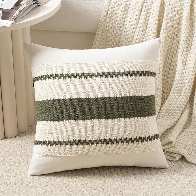Fancy Homi Set of 1 Boho Olive Green Decorative Throw Pillow Cover 16x16 Inch by Fancy+Homi