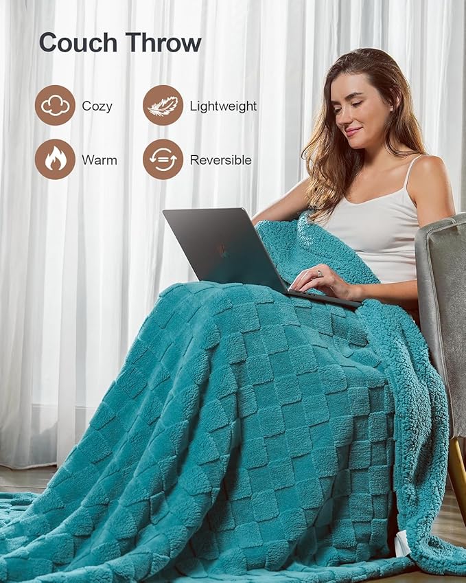 Pawque Super Soft Cozy Throw Blanket for Couch Bed - Fluffy Sherpa Fleece Reversible Thick Warm Fuzzy Blanket for All-Season, 3D Checkered Jacquard Elegant Decorative Blankets, Teal Green, 50" x 60"