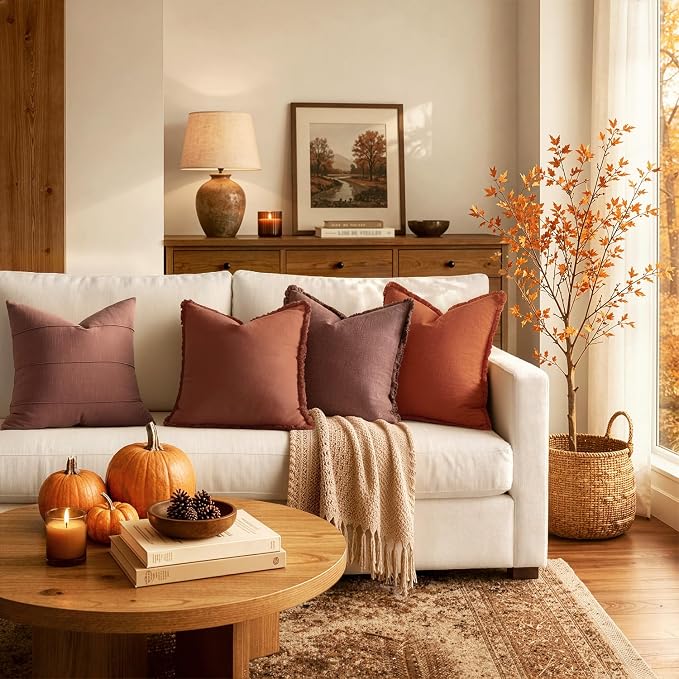 MIULEE Linen Fringe Decorative Fall Throw Pillow Covers Autumn Glaze 18x18 | - Image 3