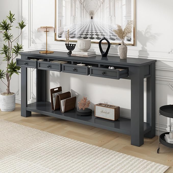 Solid Wood Console Table 63 in Long Sofa Table Entryway Table with 4 Drawers and Bottom Shelf for Hallway Living Room Couch Table,Fully Assembled,63" Tan