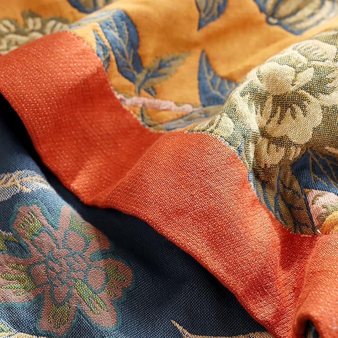 Boho Muslin Blanket for Adults 4-Layer Gauze Twin Size Soft Cozy 100% Cotton Summer Cooling Blanket Floral Decor for Sofa Bed Coverlet Both Sides (Flowr Branch Orange, Twin 60 x 80 in)