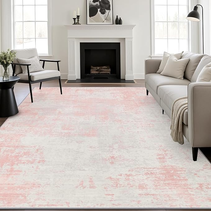 8x10 Area Rug Living Room: Modern Washable Soft Carpet Pink White | by FXRHLP