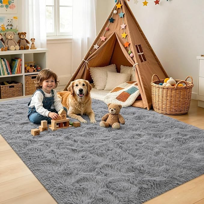 5x7 Grey Fluffy Soft Area Rug Non-Slip - Image 4