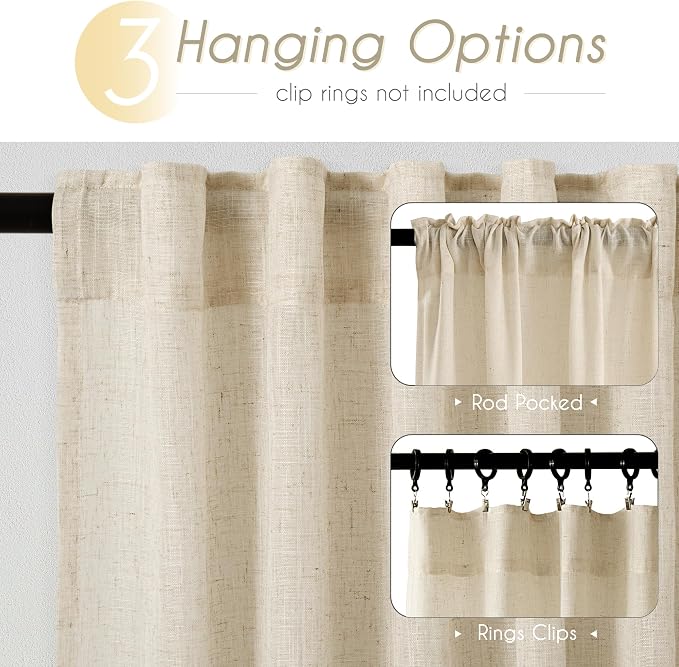 Faux Linen Beige Curtains 98 inches Long - Image 2