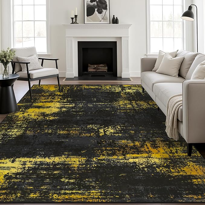 10x14 Area Rug Living Room: Modern Washable Soft Carpet Black Gold | by FXRHLP