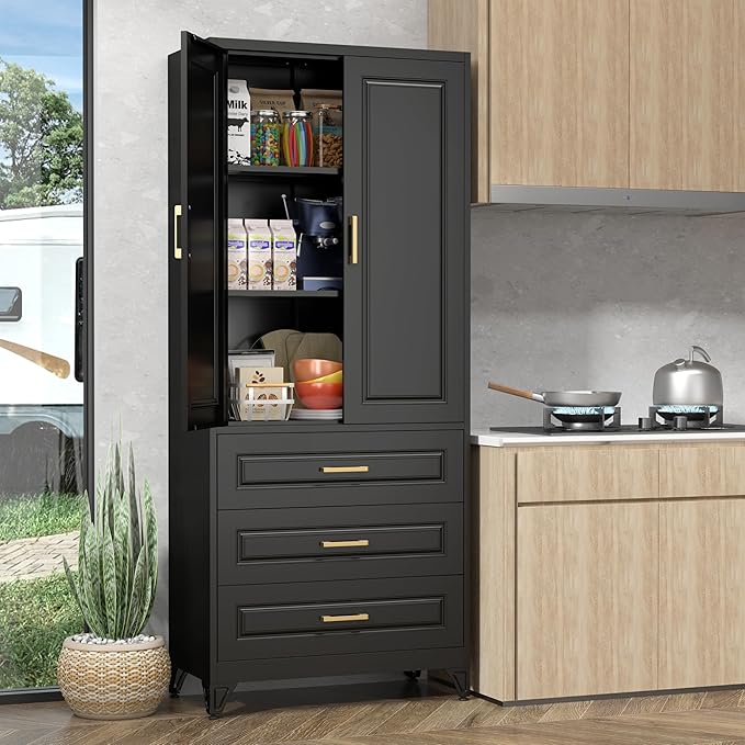 Pantry Kitchen Cabinet with Drawer, 75" Tall Pantry Storage Cabinet, Metal Storage Cabinets with Doors and Shelves, Large Freestanding Cupboard for Dining Room, Assembly Required, Black