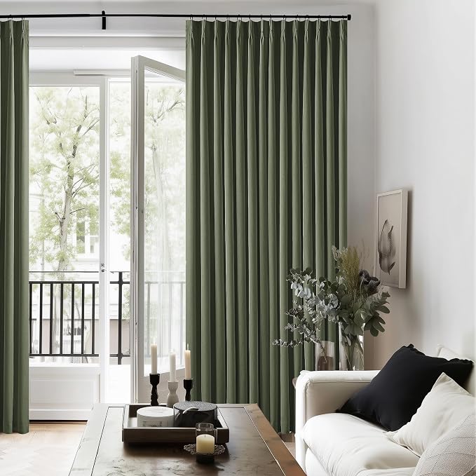 Olive Pinch Pleated 100% Blackout Linen 80 Inch Window Curtains | Room - Image 7