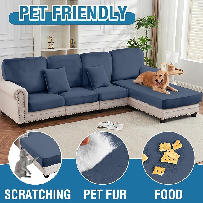 Couch Cover 4-Piece Elastic Velvet Couch Cushion Covers & Chaise Slipcovers - Image 4