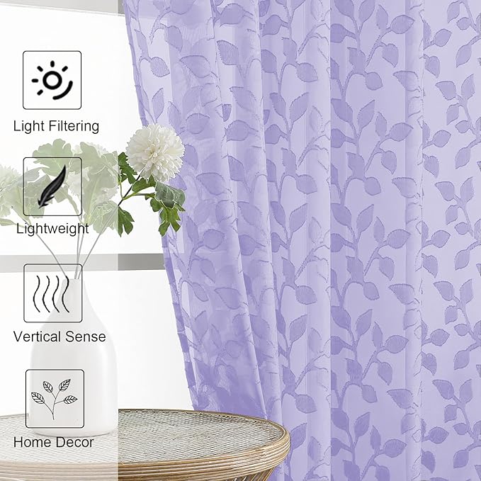 Chyhomenyc Light Purple Sheer Curtains 36 Inch Length, Light Filtering Leaf - Image 3