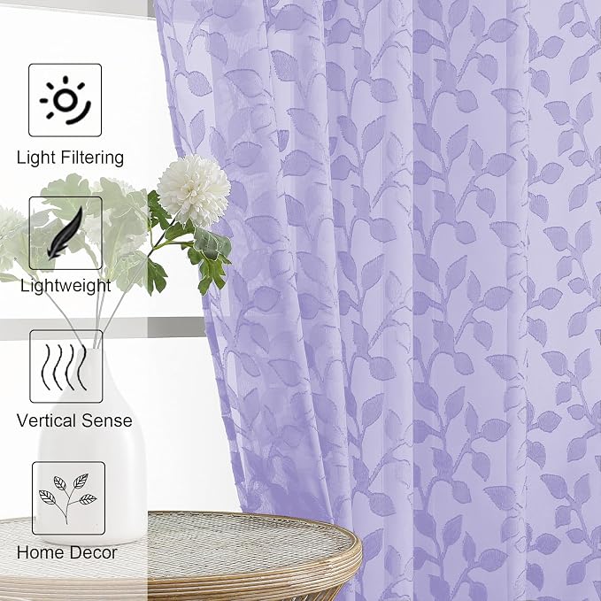 Chyhomenyc Light Purple Sheer Curtains 24 Inch Length, Light Filtering Leaf - Image 3