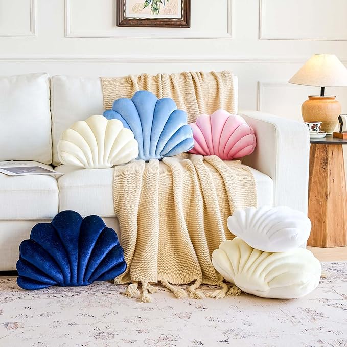 Navy Blue Seashell Throw Pillows, Shell Shaped Throw Pillows, 18 Inch Soft Velvet Home Decorative Pillow Plush Cushion for Bed Couch Living Sofa Room Decor Accent Throw Pillow