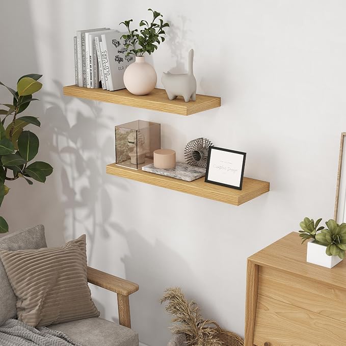 Rustic Wood Floating Shelves 32 Inch Long, 9 Inch Deep Wall Shelves for Home Decor, 32 x 9 Floating Shelf Wall Mounted Set of 2, Deep Floating Shelves for Kitchen, Bedroom, Living Room, Oak Color