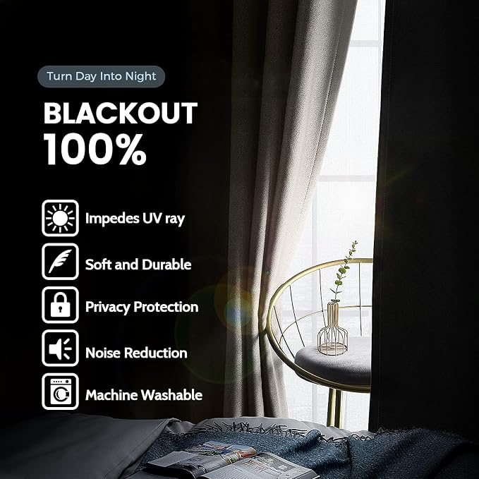 SimpleHome Natural 100% Blackout Curtains Room Darkening Living Room 90L | - Image 3