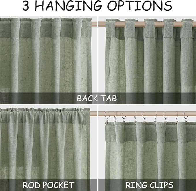 Desert Sage Linen Curtains for Living Room 98 Inches Long Light Filtering Semi - Image 2