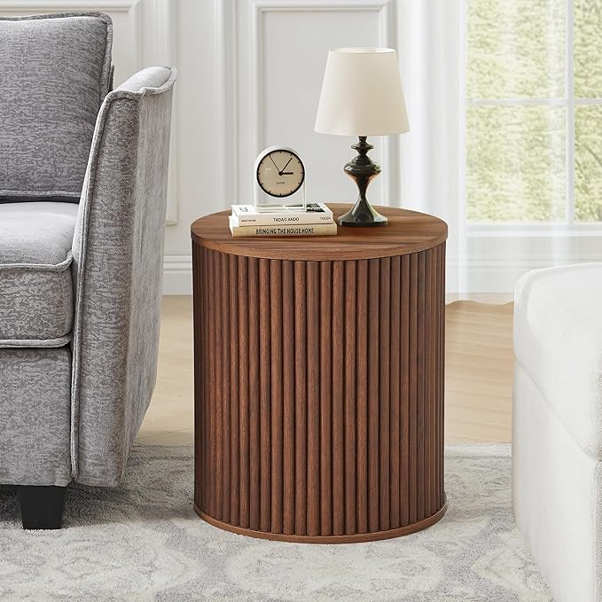 AVZEAR Small Round Side Table Fluted Night Stand Set of 2, Mid Century Modern End Table with Storage, Circle Bedside Tables Wood Nightstands for Small Spaces, Living Room, Bedroom (Walnut)