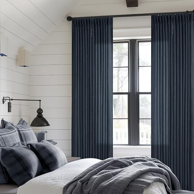 Navy Blue 80 Inch Pinch Pleated Linen Curtains 2 Panels Set | Light Filtering - Image 7