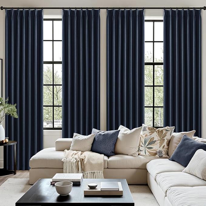 MIULEE Navy Blue Pinch Pleated 100% Blackout Linen Curtains 40x96 Inches | Room - Image 7