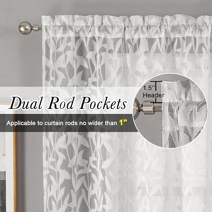 Lecloud Leia Ivory 2 PCS Sheer Kitchen Curtains 30 Inch Length, Breathable Clip - Image 2