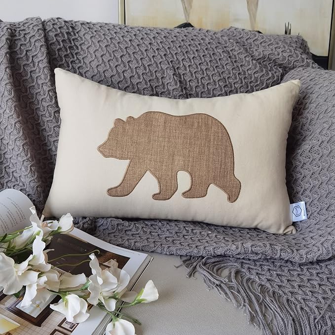 Lumbar Pillow Covers 12x20 Inches Bear Decorative Cotton Linen Throw Lumbar Waist Embroidered Cushions Covers for Couch Sofa Bedroom (Khaki)