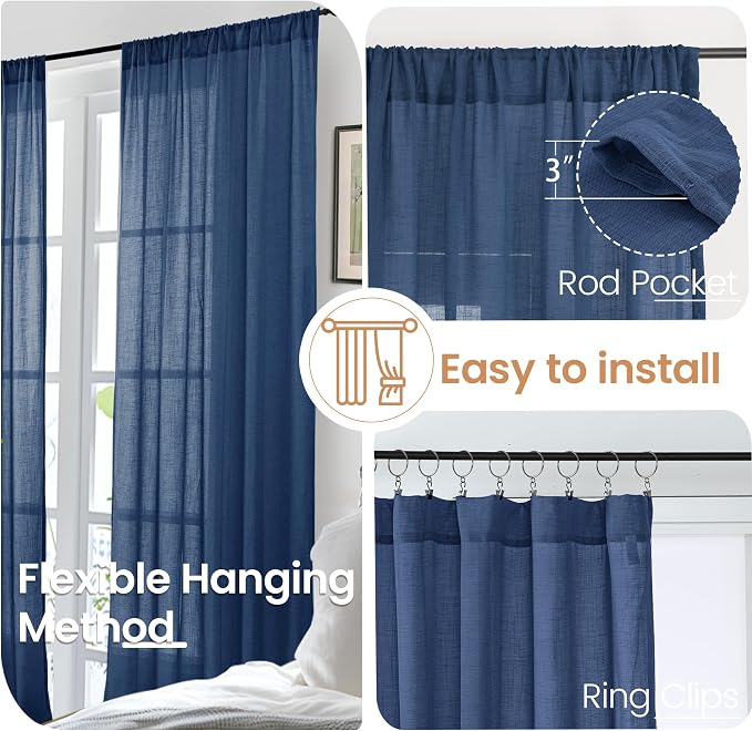 BGment 102 Inch Length Navy Blue Linen Curtains - Image 6