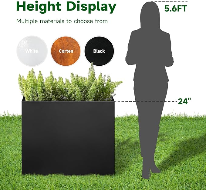 Galvanized Steel Metallic Heavy Planter for Outdoor Plants Metal Outdoor Planter Spliced Flower Box with Partitions for Outside,Indoor,Garden (Black, 24 * 12 * 24)
