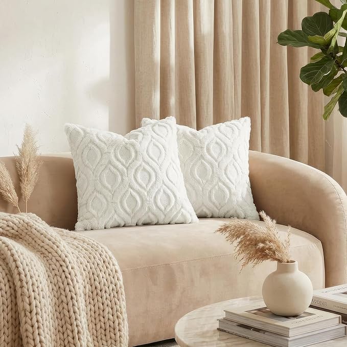 decorUhome Throw Pillow Covers 12x20 Inch Set of 2, Soft Plush Faux Wool Cream - Image 3