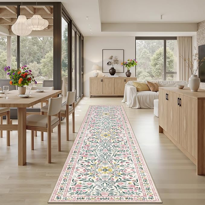 PLHXFR 2.6x10 Washable Runner Rug：Floral Indoor Kitchen Carpet Pink Green | - Image 4