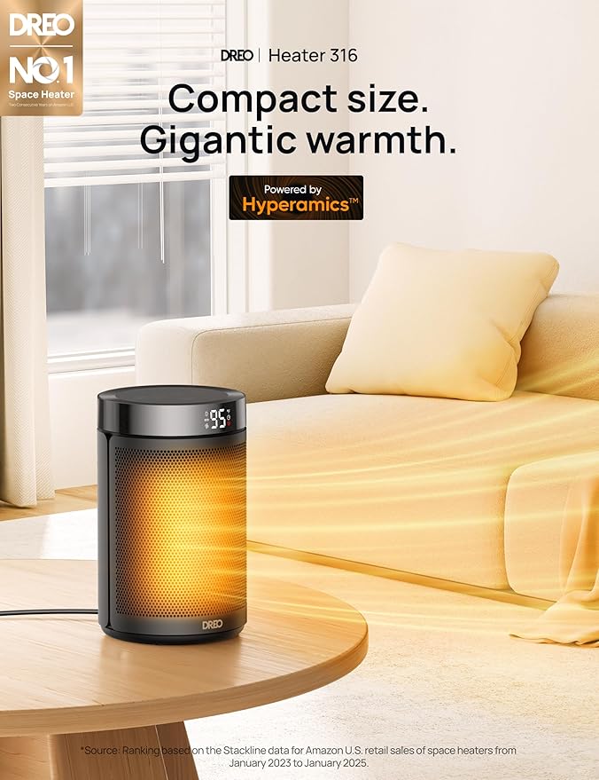Dreo Space Heater, Portable Electric Heaters for Indoor Use with Thermostat, Digital Display, 1-12H Timer, Eco Mode and Fan Mode, 1500W PTC Ceramic Fast Safety Heat for Office Bedroom Home, Black