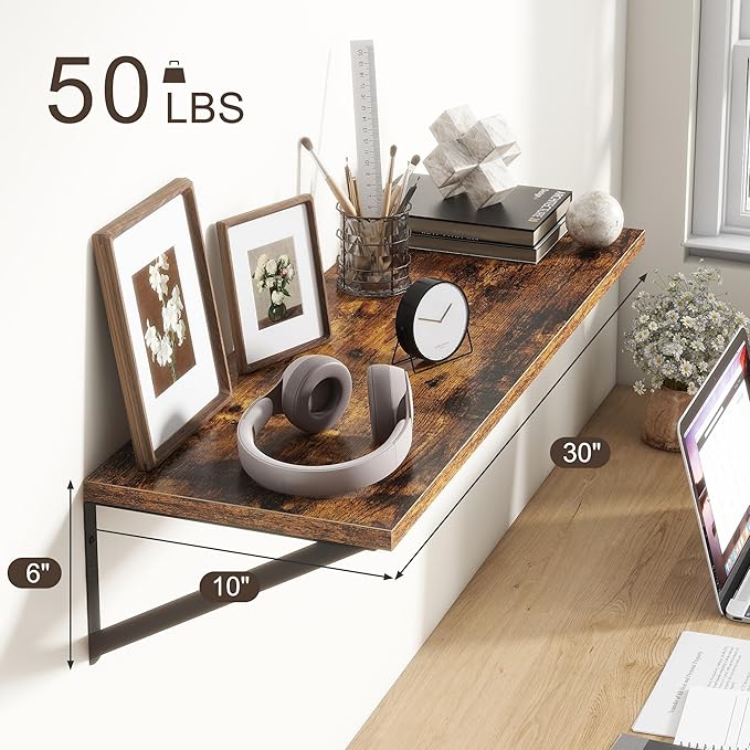 10 Inch Deep Floating Shelves, Floating Shelves 30 Inch Long, Rustic Wood Wall Shelves 30"W x 10"D, Deep Floating Shelf with Bracket, Wide Storage Shelves for Living Room, Bathroom, Rustic Brown