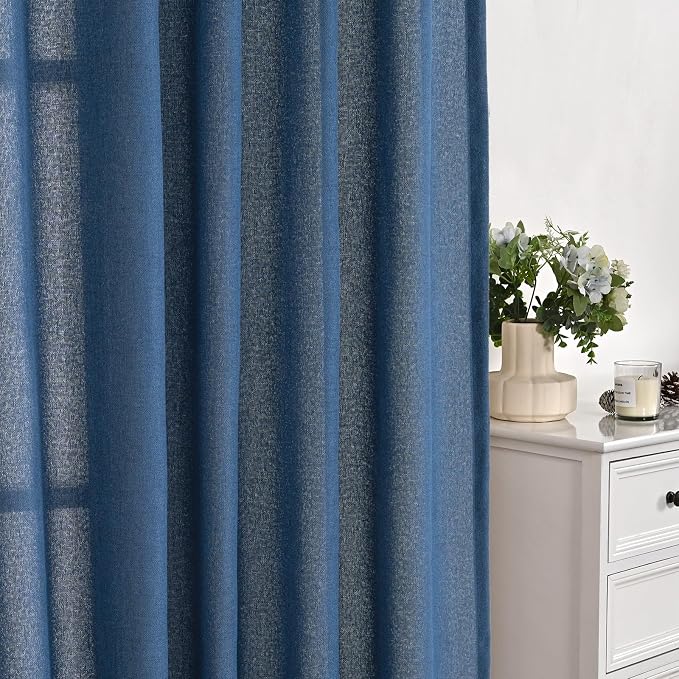 YoungsTex Navy Blue Linen Curtains 48 Inch Length, Short Light Filtering Semi - Image 7